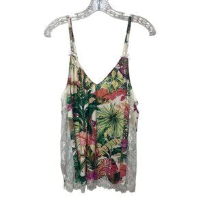 Cacique Floral Print Camisole Sleep Shirt Womens L/XL Green New WOT Lace Trim